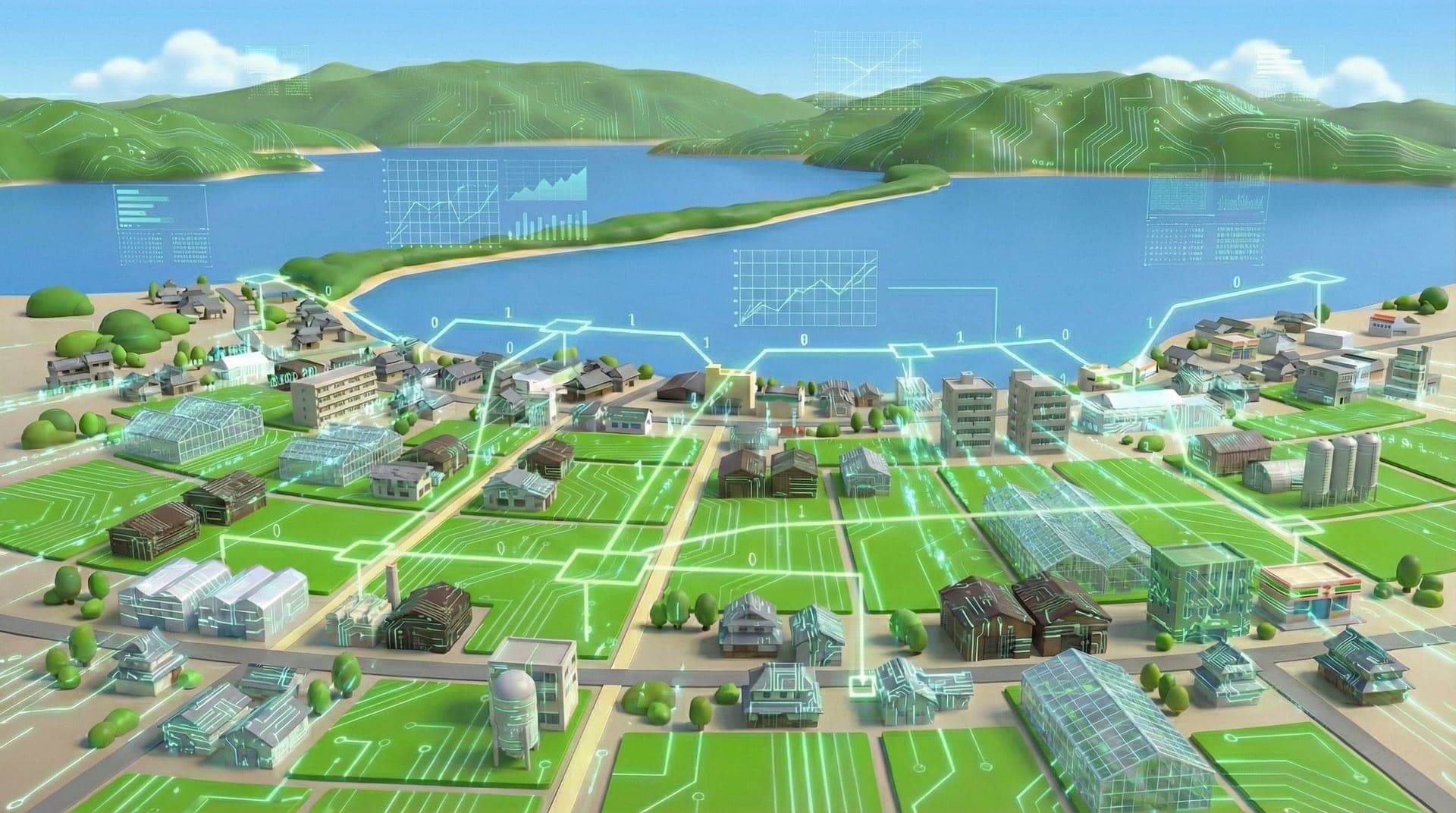 京都丹後の田園風景とITネットワークのイメージ